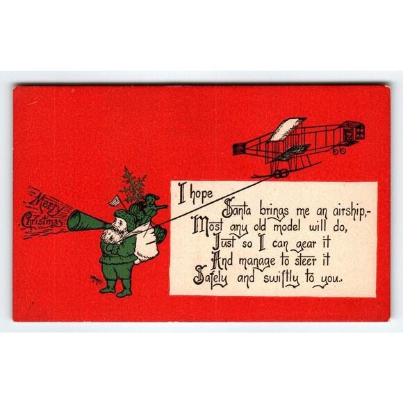 Christmas Postcard G K Prince Green Suit Santa Claus Airplane Megaphone MMS Rare - Picture 1 of 2